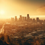 Sunset illuminates city skyline, nature panoramic backdrop generated by artificial intelligence